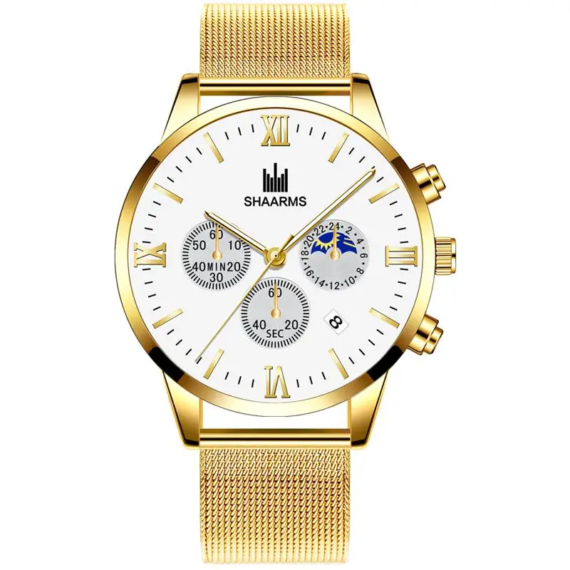 SHAARMS Новое поступление римские цифры часы серебро сетка группа мужские из
