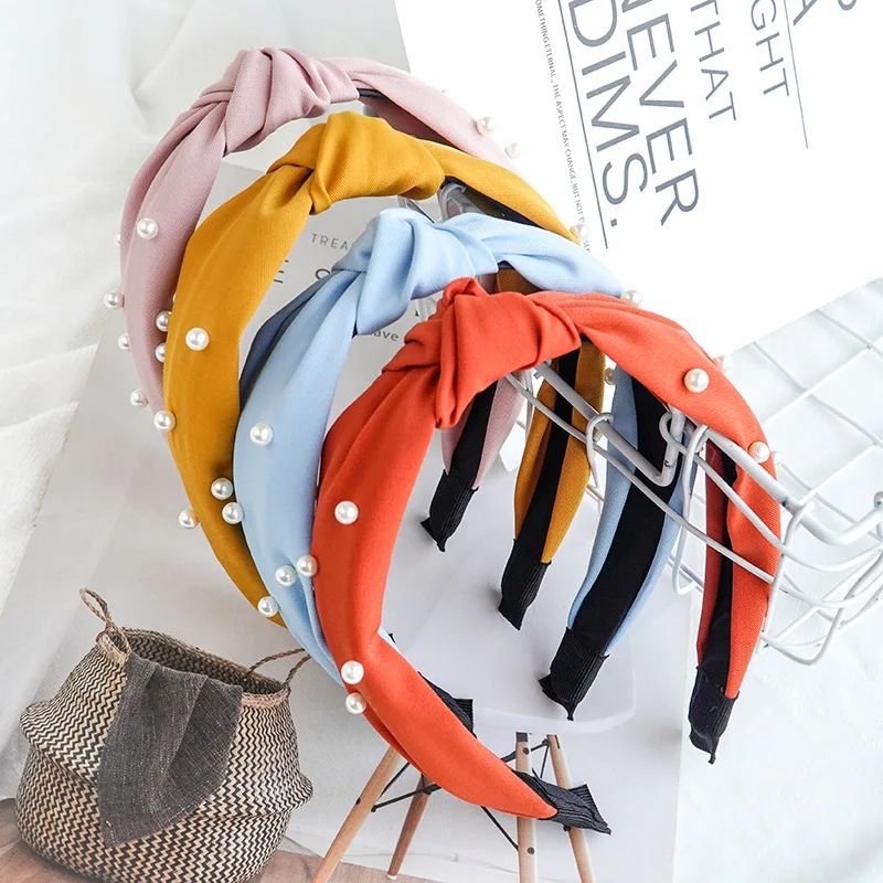 

Повязка для волос с жемчугом женская, однотонный обруч с узелком и перехлёстом, аксессуар на голову