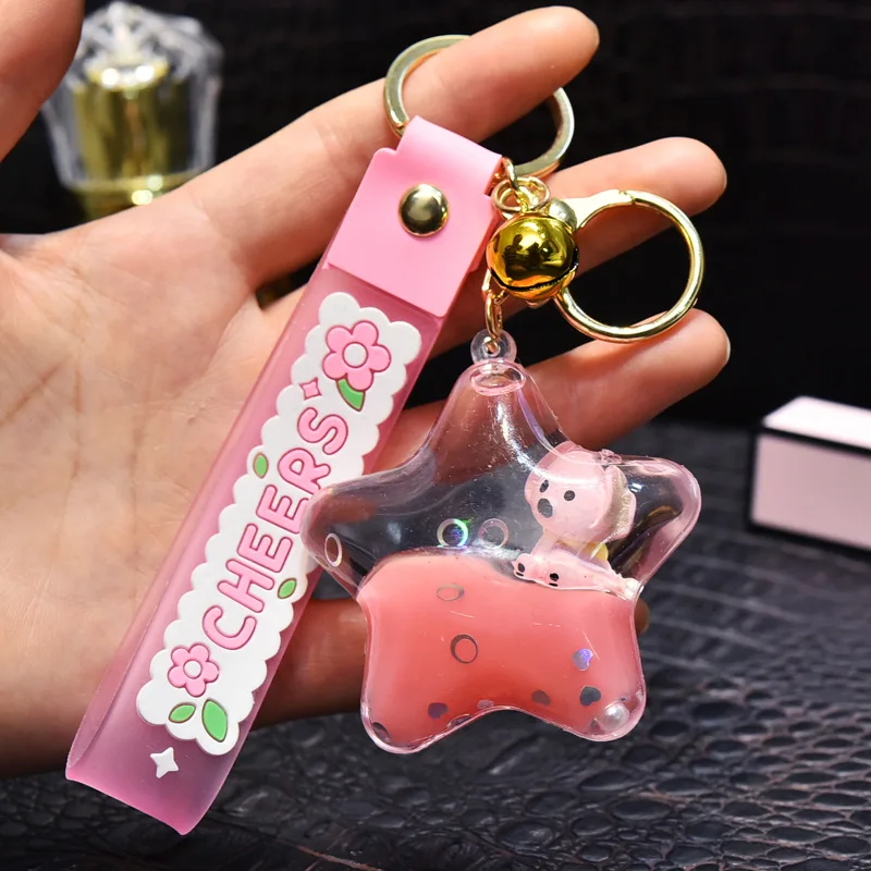 

Creative Oil Quicksand Keychain Pendant Acrylic Puppy Pentagram Girl School Bag Ornament Popular Accessories