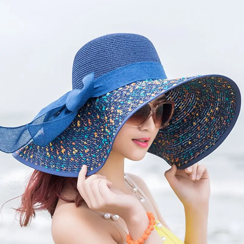 

Панама женская Соломенная с широкими полями, Солнцезащитная шляпа с УФ-защитой, головной убор с бантом, пляжные шляпы флоппи, ZZ-521, летняя