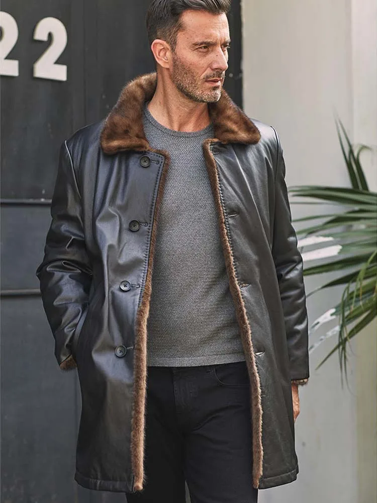 

Mens Cowhide Jacket Double-Sided Mink Fur Coat Warm Winter Parkas Black Leather Overcoat Long Outwear