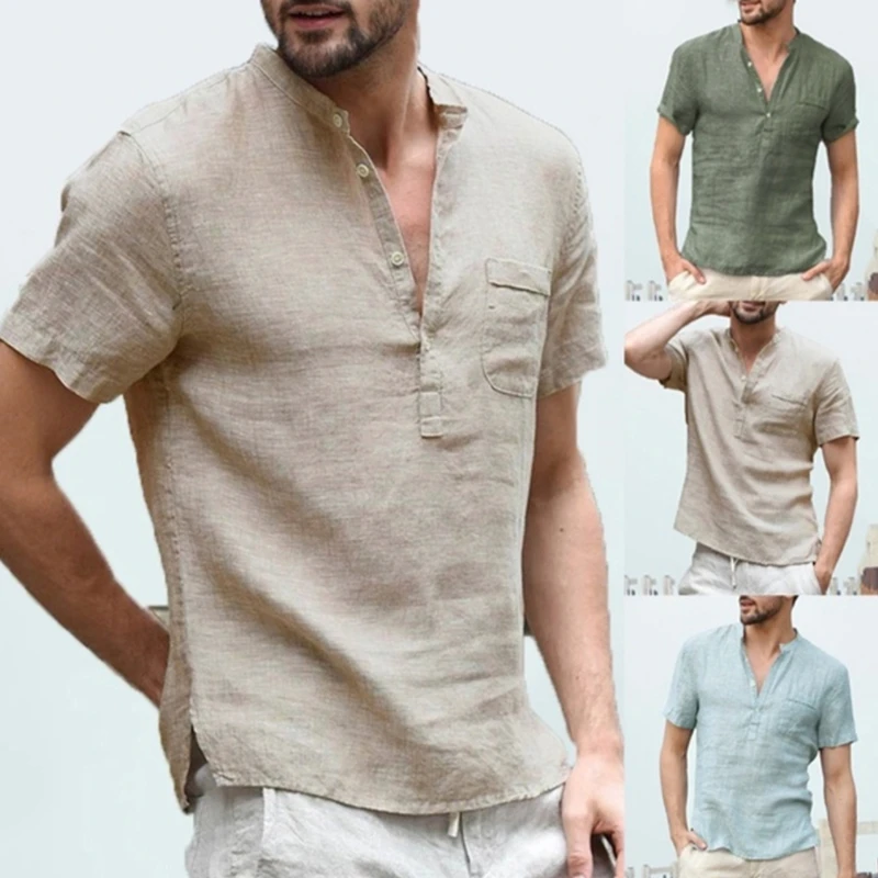 

2020 summer cotton and hemp men's village shirt, casual and breathable pocket polo shirt