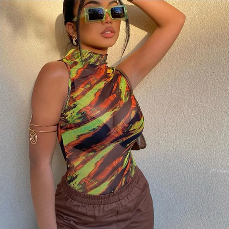 

Сексуальный женский сетчатый прозрачный боди, водолазка без рукавов, комбинезон с абстрактным принтом, повседневный Облегающий комбинезон...