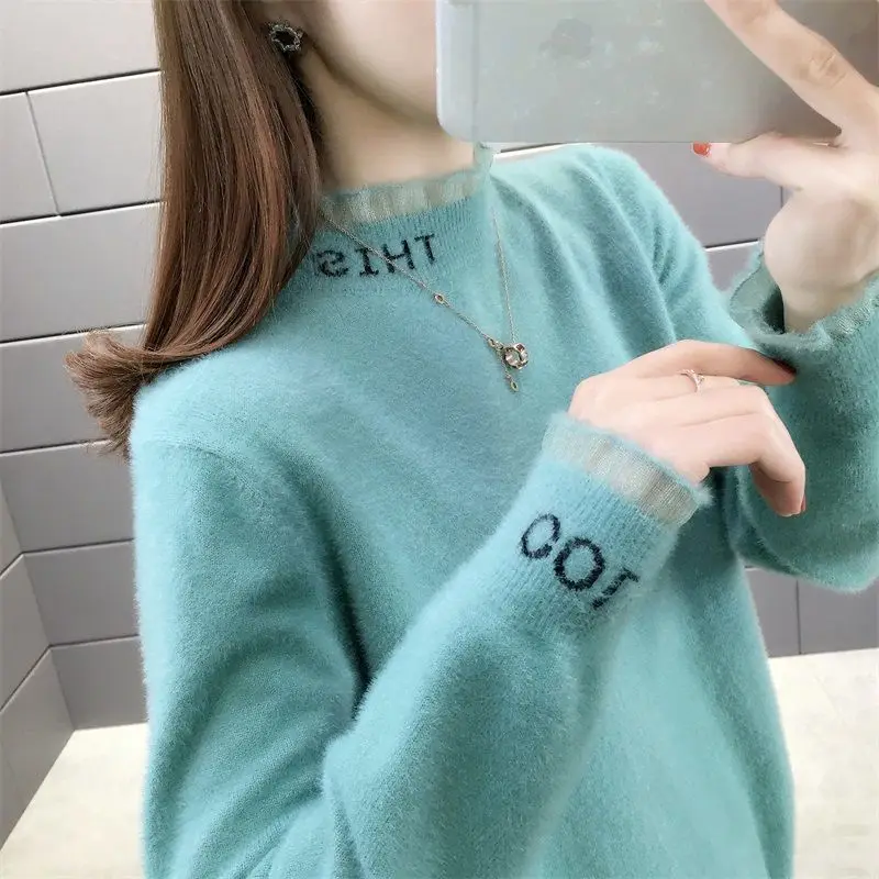 

Green Fur Lace Letter Student Vest Pullover High Collar Warm Sweater Women's Sweaters Women Girl Pull Slim Top Cloth Outer Coat