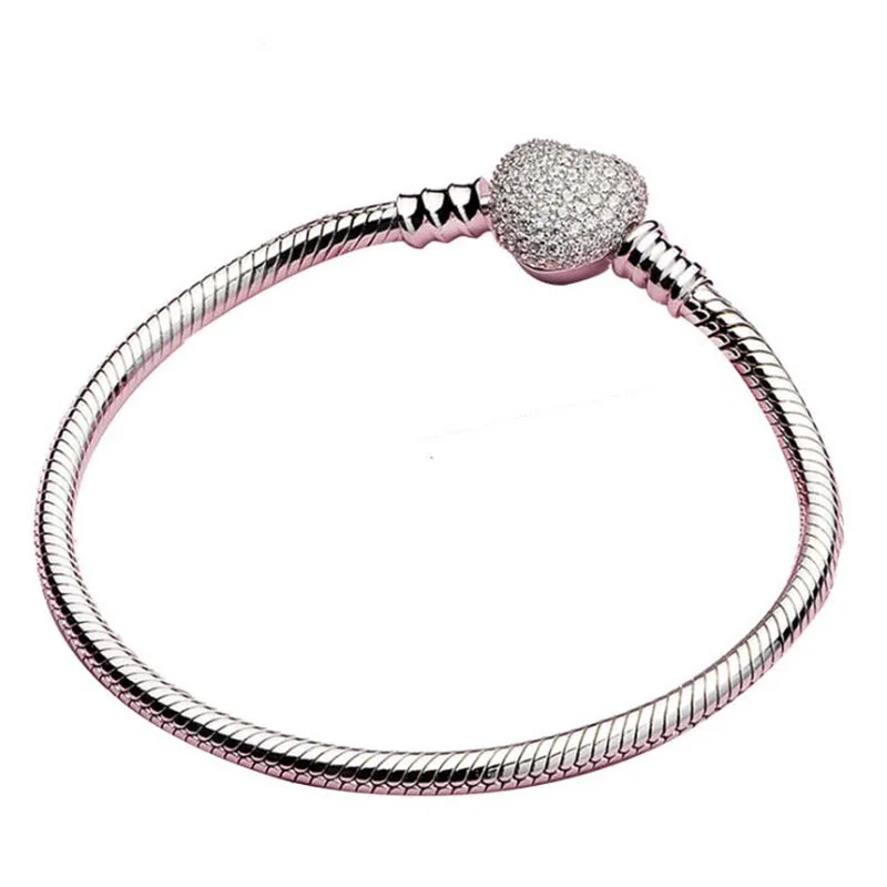 

925 Sterling Silver CZ Heart Clasp Snake Chain Charm Bracelets & Bangles For Women DIY Charms Beads Jewellery