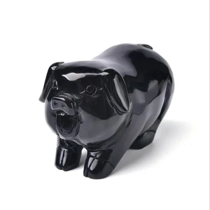 Natural Black Obsidian Pig Ornaments China Fengshui Quartz Crystal Animal Zodiac Wealth Lucky Statue Crafts Home Decoration Gift