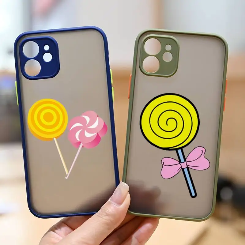 

Cartoon lollipop candy Phone Case matte transparent Funda For Army Green iPhone 7 8 x xs xr 11 12 13 pro plus max mini Clear