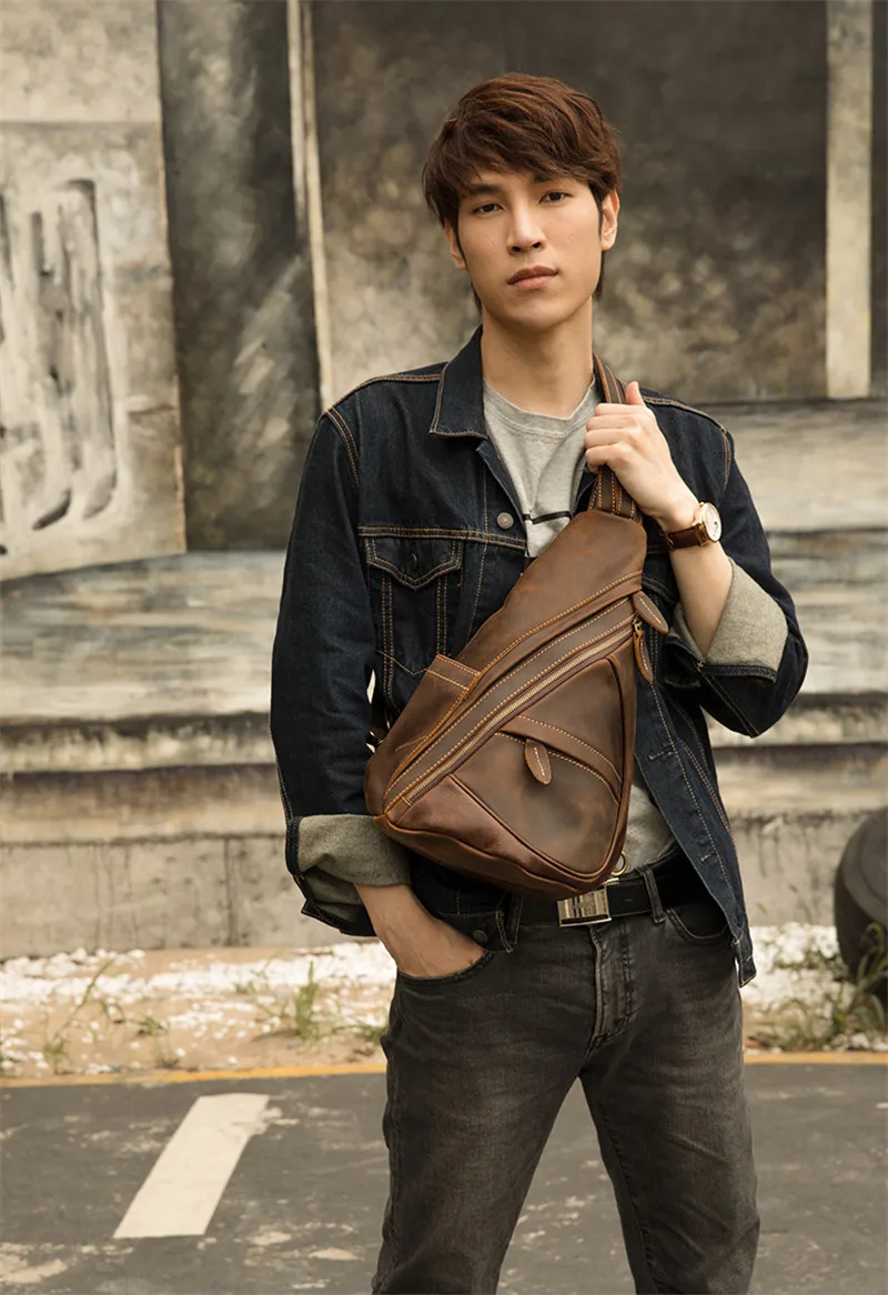 Vinatge crazy horse cowhide men's multi-function chest bag fashion personality design natural genuine leather shoulder backpack