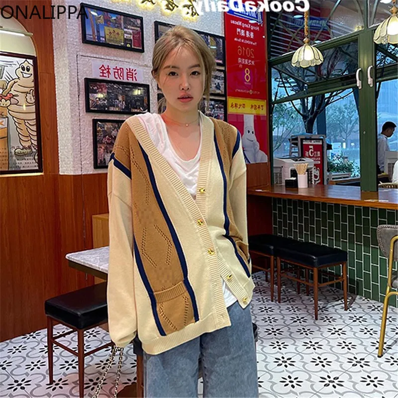 

ONALIPPA Stripe Stitching Design Sweater Ladies 2021 Winter Autumn French Elegant Temperament Lazy Style V-neck Knitted Cardigan