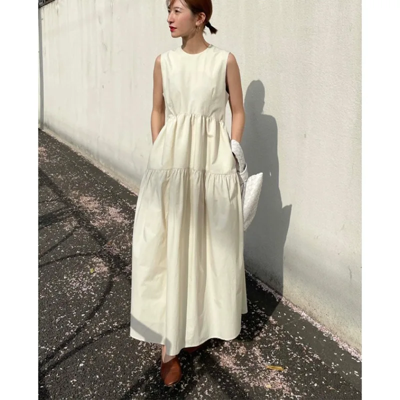 

2021 Summer New Sleeveless Adjustable Waist Solid O-Neck A-LINE Dresses Women Temperament Thin Folds Woman Dress Donsignet