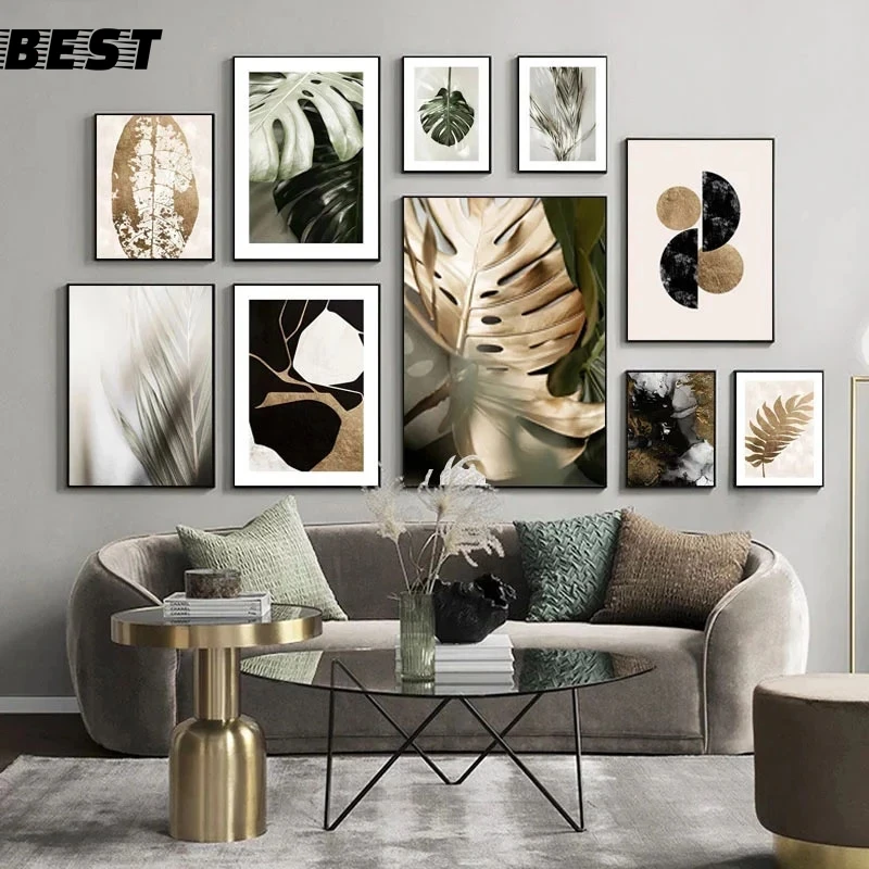 

Скандинавская Абстрактная Картина на холсте с изображением золотых листьев, скандинавский Природный постер и Настенная картина без рамки, ...