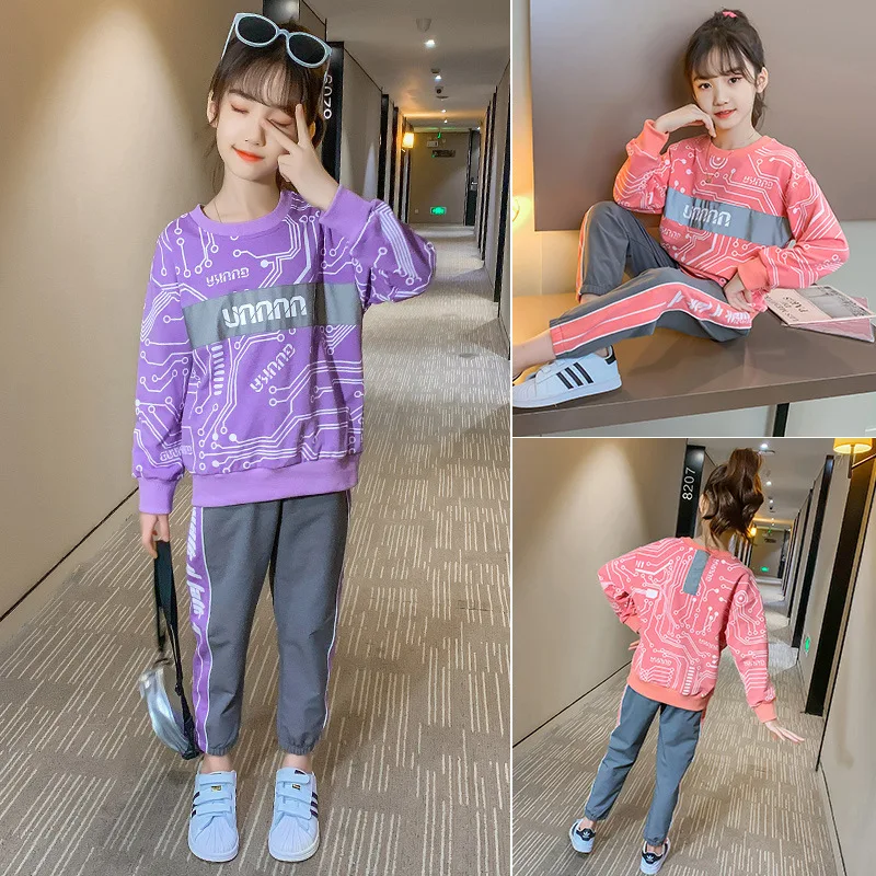 

Girls Suits Sweatshirts + Pants 2pcs Kids Cotton Tracksuit 2021 Letters Spring Autumn Uniforms Sport Teenagers Outwear Children