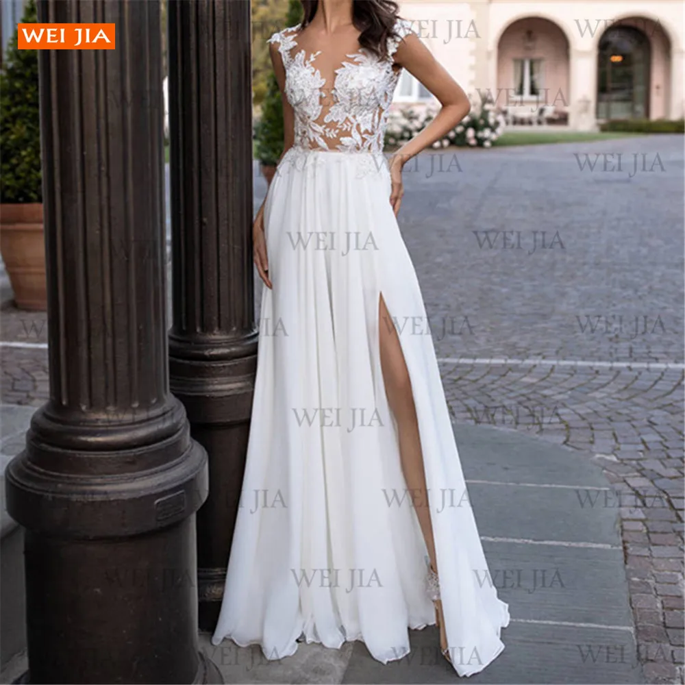 

Fashionable White Wedding Dress 2021 Vestido De Noiva A Line Chiffon Side Slit Bridal Gowns Custom Made Bohemia abito da sposa
