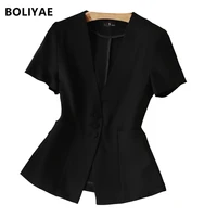 boliyae 2021 summer women blazer fashion femme jackets black short sleeve small suit coat office lady slim fit formal tops