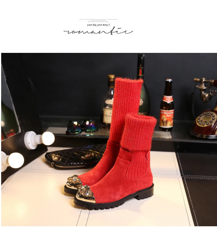 Botas Mujer; зимние вязаные сапоги; женские сапоги до середины икры; Bota Feminina; обувь со стразами; женские эластичные сапоги; Botines Mujer; коллекция года; Zapatos De Mujer