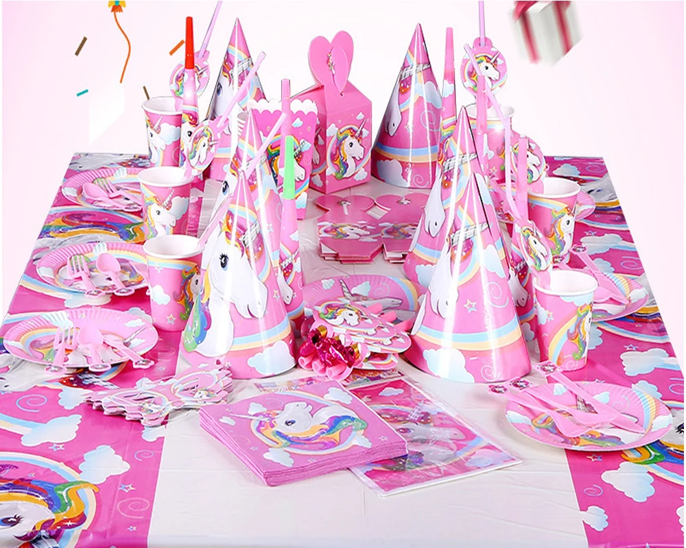 Новый Единорог товары для вечеринки розовый Радужный Декор одноразовый единорог