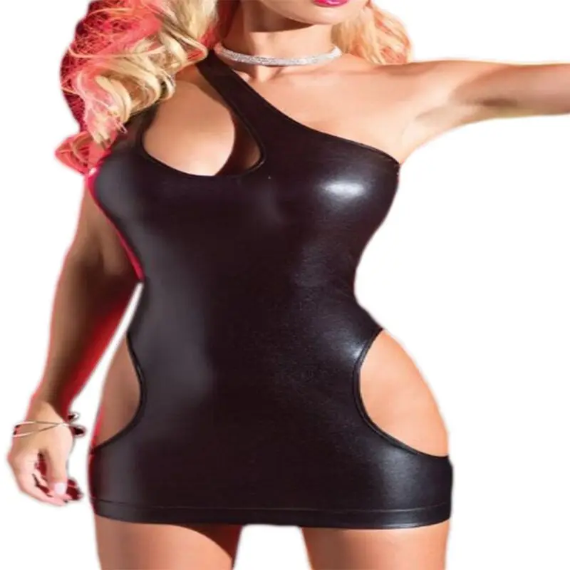 

68UD New Sexy Mini Dress Latex Catsuits Womens Black Sexy Bodycon Leather Dresses Strapless Latex Clubwear