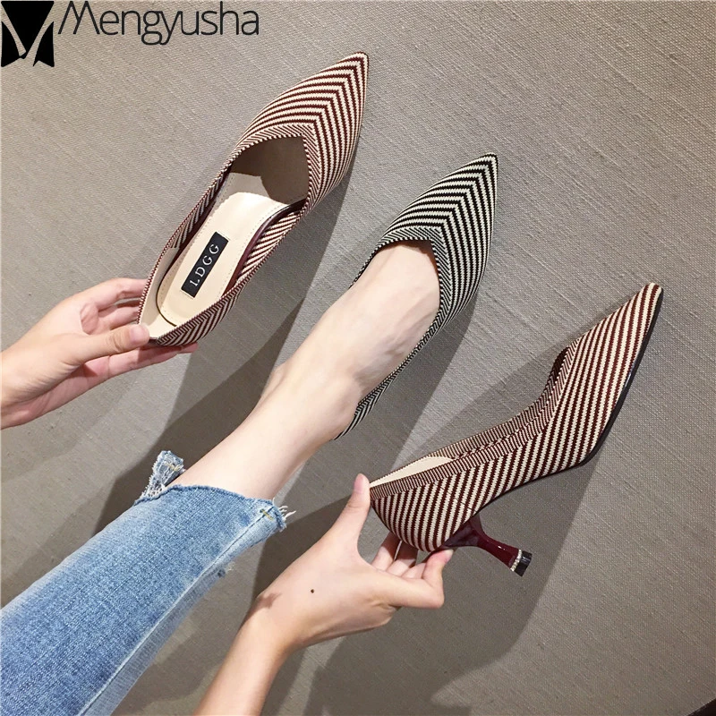 Geometric patterns stripe thin high heels pointed toe cloth knitting pumps korean qualities women shoes shallow female footwear | Обувь