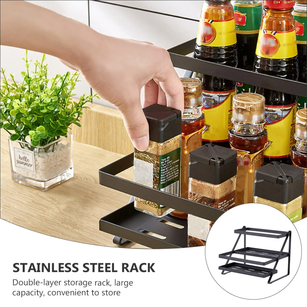 

1pc Stainless Steel Kitchen Spice Rack Countertop Organizer Storage Rack (Black)