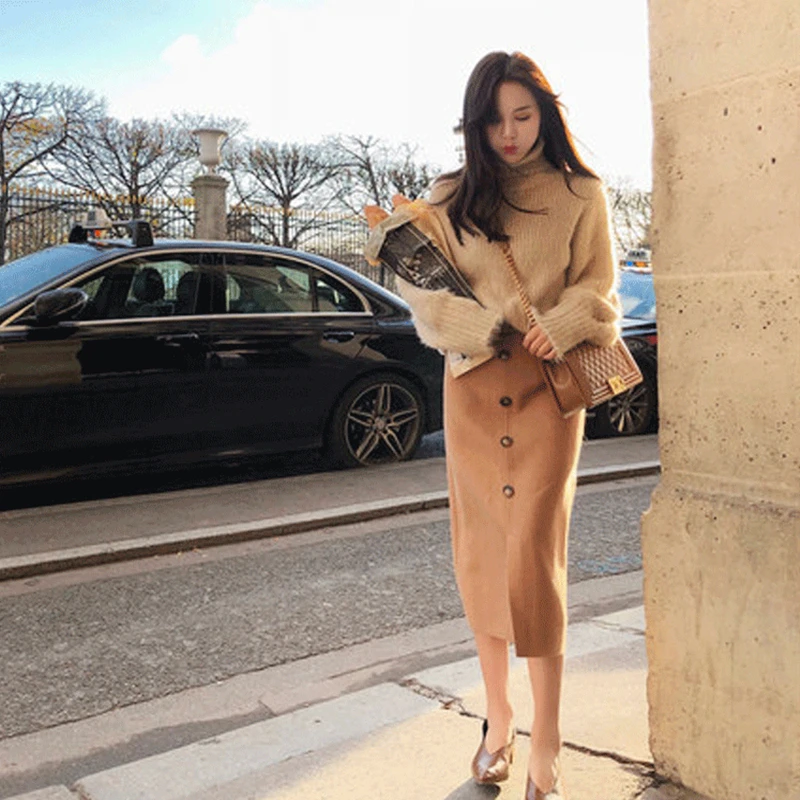 Fashion Knitted High-neck Women's Sweater 2019 Winter New Loose Imitation Suede Long Sleeve Grey Women | Женская одежда