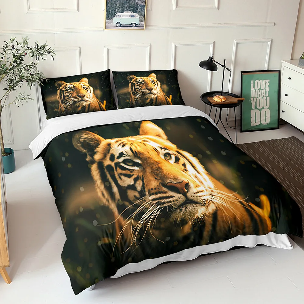 

3D Tiger Duvet Cover Wild Animal Beast Bedding Microfiber Bedspread Single Double Boys Home Bed Pillow Sets Black Background