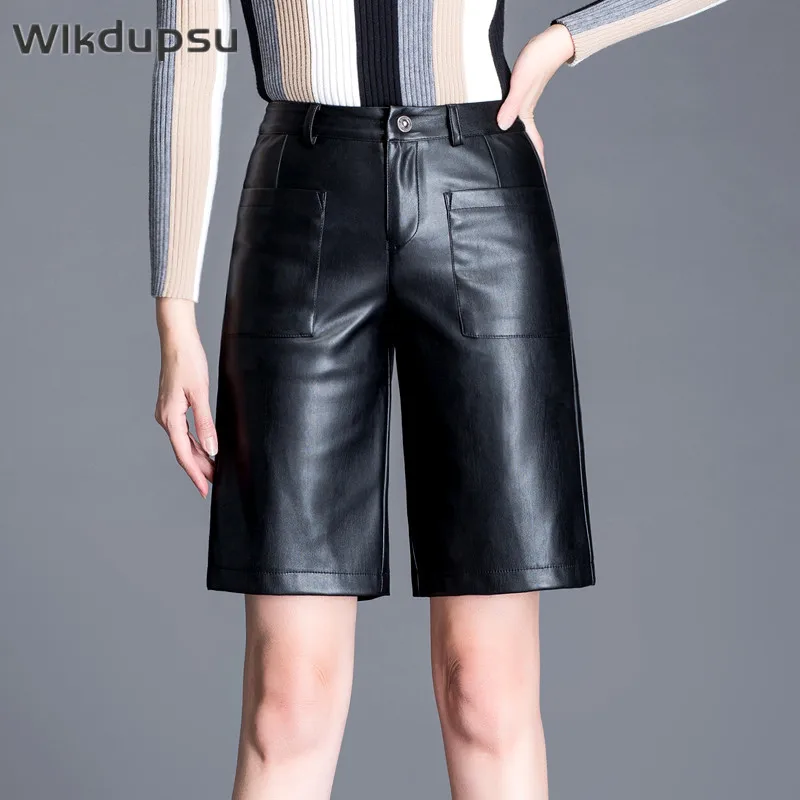 

Women High Quality Soft Leather Short Pants Trousers 2020 Autumn Winter Fashion High Waist Knee Length Streetwear Plus Size