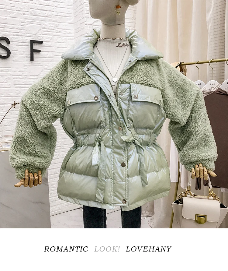 Mooirue Winter Casual Parkas Sherpa Fleece Patchwork Drawstring Lace Up Vintage Coats Harajuku Jackets Female white Coats