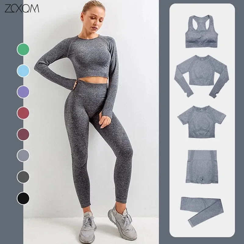 

High Quality Seamless Women Yoga Set Workout Sportswear Gym Clothing Fitness Long Sleeve Crop Top High Waist Leggings 5piece Set