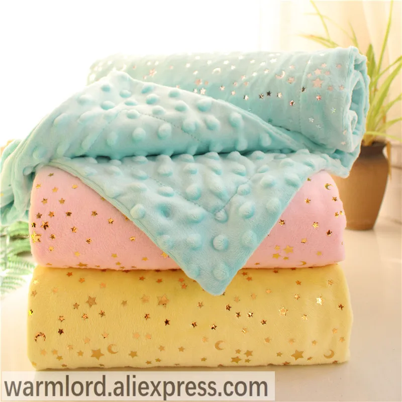 2 layers Plushed Dot Coral Fleece Bronzing Golden Stars Moon Blue Starry Toddler Quilt Girl Baby Blanket Infant Crib Beddings