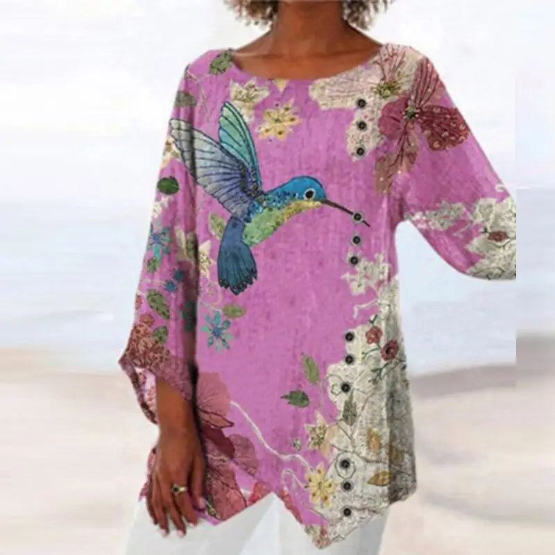 

Блузка женская демисезонная с принтом животных и птиц, с круглым вырезом и пуговицами