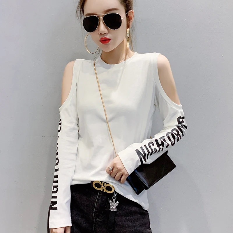 Женская хлопковая футболка с открытыми плечами и надписью летняя в европейском