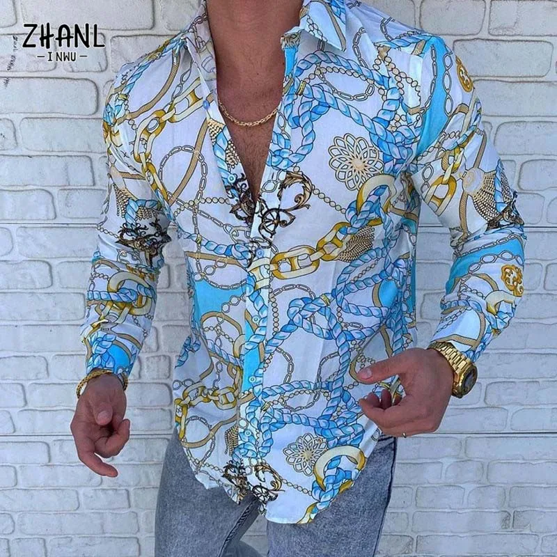Autumn Fashion Digital Printing Blouse Mens Shirts Casual Tops Ethnic Style Lapel Long Sleeve Brand Party High Street Shirts