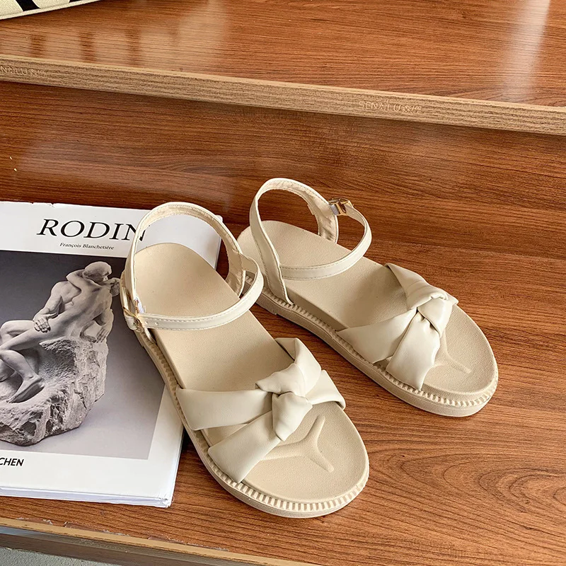 

Beach Sandal Woman Luxury Female Shoe Clear Heels Buckle Strap 2021 Summer Girls Low Flat Bow Fashion Comfort Gladiator Beige