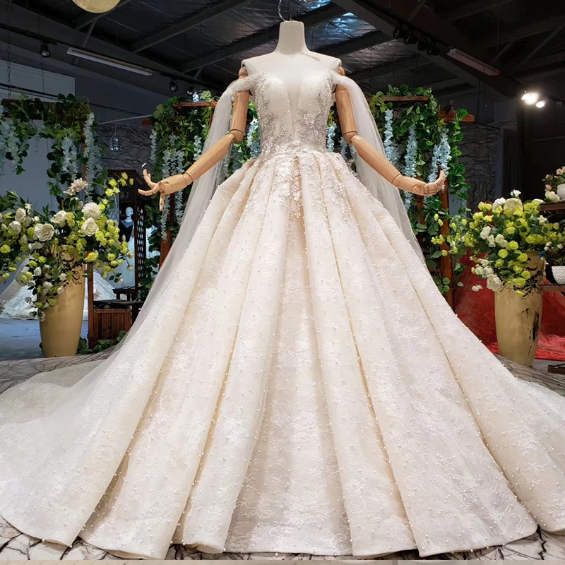 HTL906 Covered Beads Sequined Wedding Dress 2020 Short Sleeve V-Neck Off The Shoulder Ball Gowns Big Train