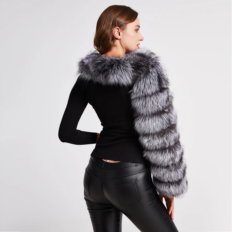 Woman Real Fur Coat Raccoon Fur Sleeve Ladies Fashion 100% Natural Fur Jacket Silver Fox Vest One Sleeve Genuine Leather Coat enlarge