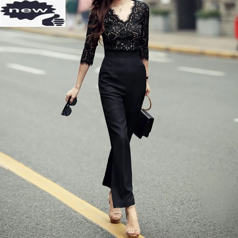 New Arrival Fashion Korean High Waist Ankle-Length Women Sexy Lace V Neck Slim Fit Womens Rompers Jumpsuit