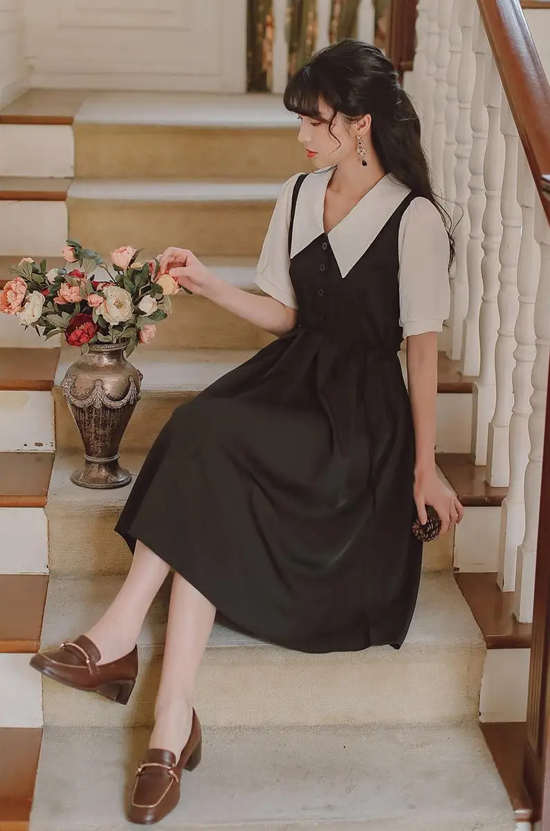 

COIGARSAM French Style Women dress New Turn-down Collar Dresses Green Black 1879B