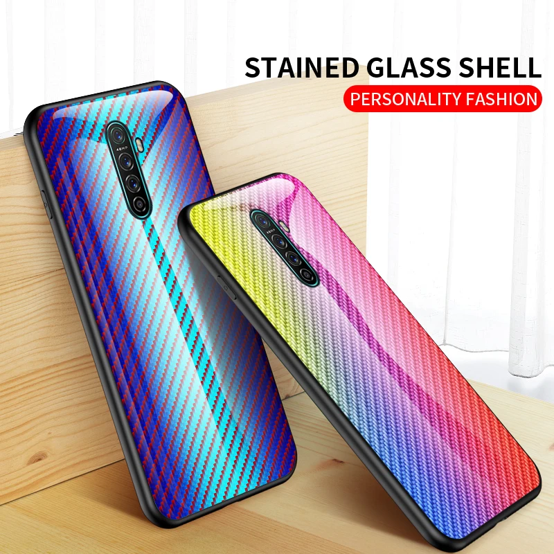 KEYSION Tempered Glass Case for OPPO Realme X2 Pro XT X Carbon fiber Silicone Phone Back Cover Reno Ace 3 5 Q C2 |