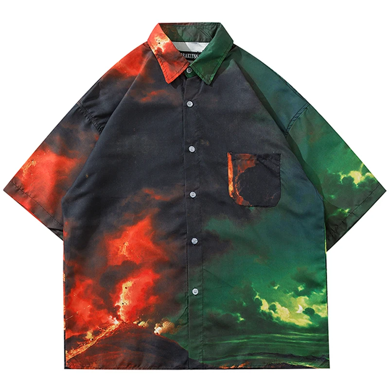 

Рубашка мужская оверсайз в стиле Харадзюку, гавайская пляжная Свободная блузка с коротким рукавом, с градиентным переходом цвета, лето 2021