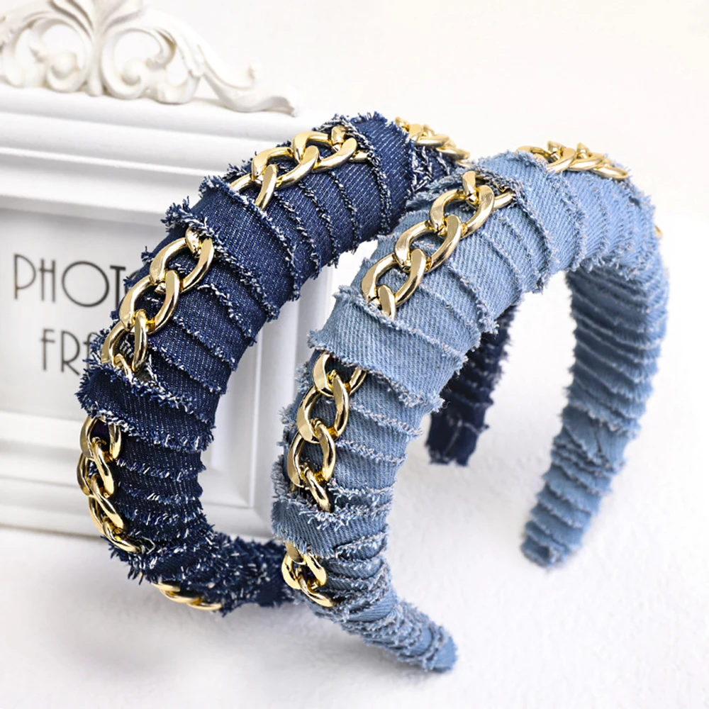 

Denim Fabric Hair Hoop,wide Headband Elastic Hairbands Blue Cloth Padded Hair Accessories Metal Chain Sponge Hairband For Women