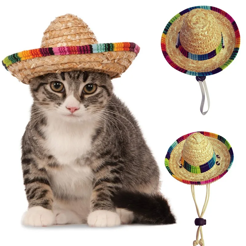 Мини соломенная шляпа для домашних животных Sombrero Cat от солнца пляжные вечерние