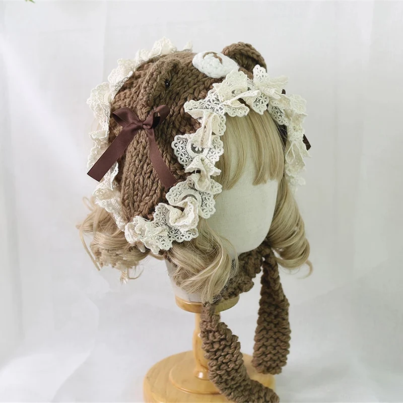 Японская шерстяная шапка с милыми медвежьими ушками милая трикотажная ручной