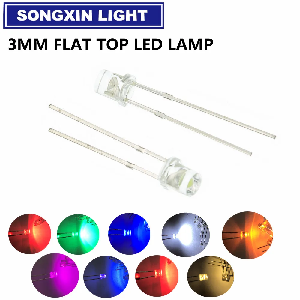 1000 шт. LED F3 3 мм ультраяркая Плоская верхняя головка белая красная синяя оранжевая