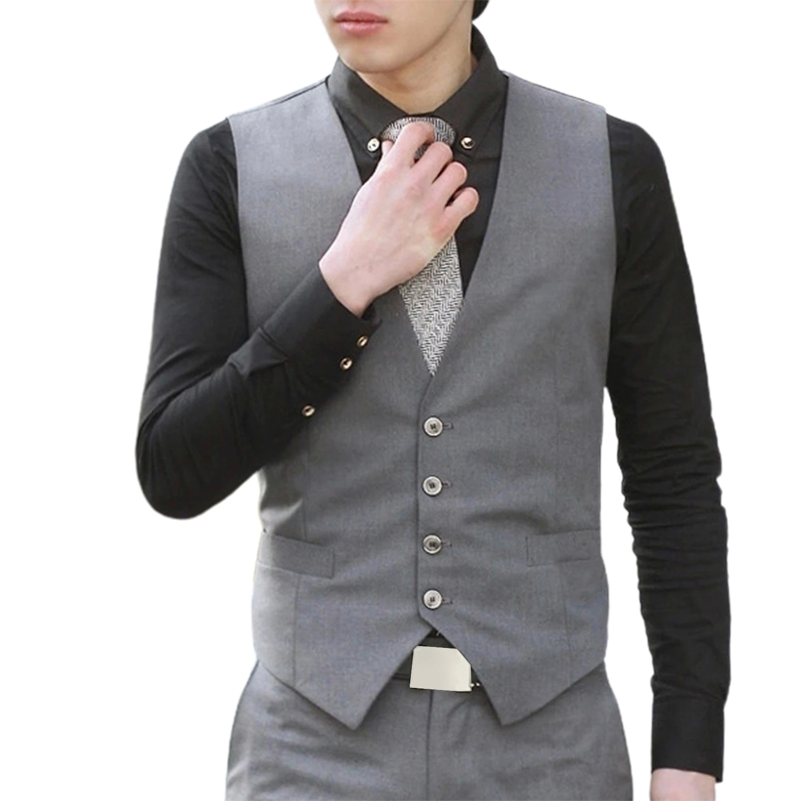 

Blazer Vests Men V Neck Formal Men Sleeveless Vest Back Strap Pocket Single Breasted Men Waistcoat Business Dress Wedding Party