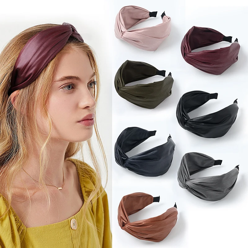 

Fashion Solid PU Leather Girls Hairbands Middle Knotted Headbands Cross Bows wide Headband Hair Hoop Women Hair Accessories