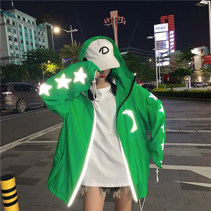 Hoodies Women Harajuku Oversized Outerwear &amp Coats Reflective Moon Stars Printed Loose Casual Hooded Swaetshirt Sun Protection |