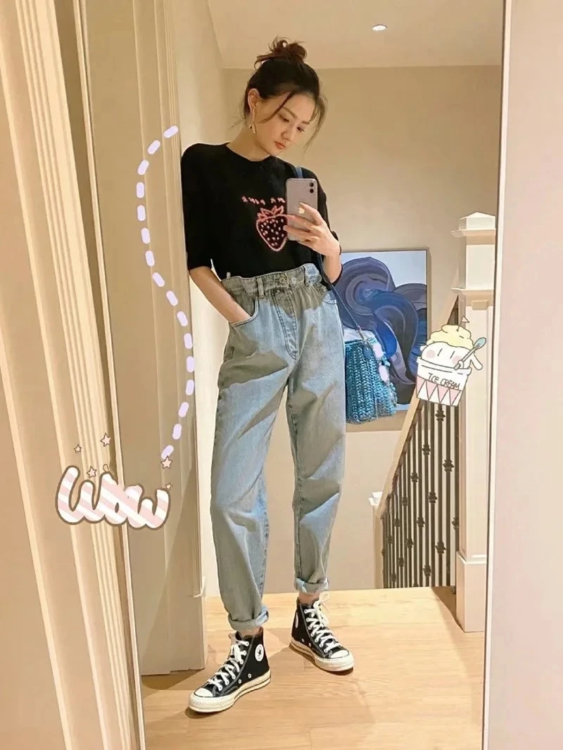 Jenny&Dave  Loose  Boyfriend Jeans Ins Blogger Vintage Mom Jeans Woman England High Street Washed High Waist  Sashes For Women