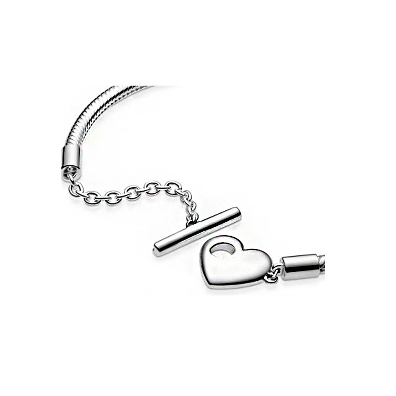 

2021 Valentine's Day Women DIY Fashion Jewelry Gift New 925 Sterling Silver T-shaped Heart Buckle Snake Chain Bracelet