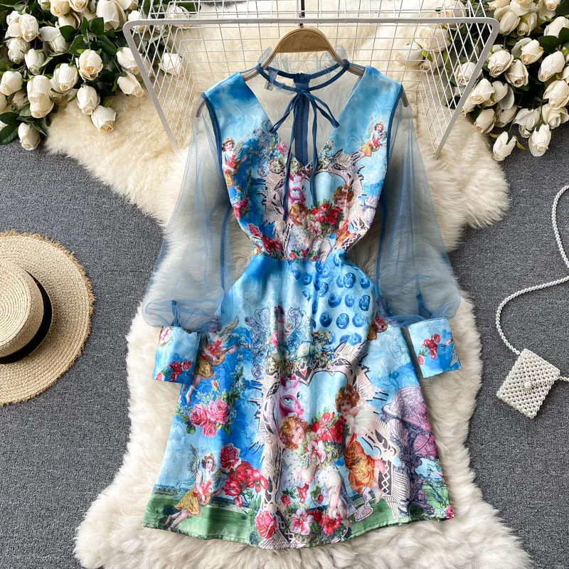 

New Elegant Printing Dress Palace Dresses Retro Temperament Standing Collar Gauze Patchwork Dress Bow Tie Hit Color Dress Women