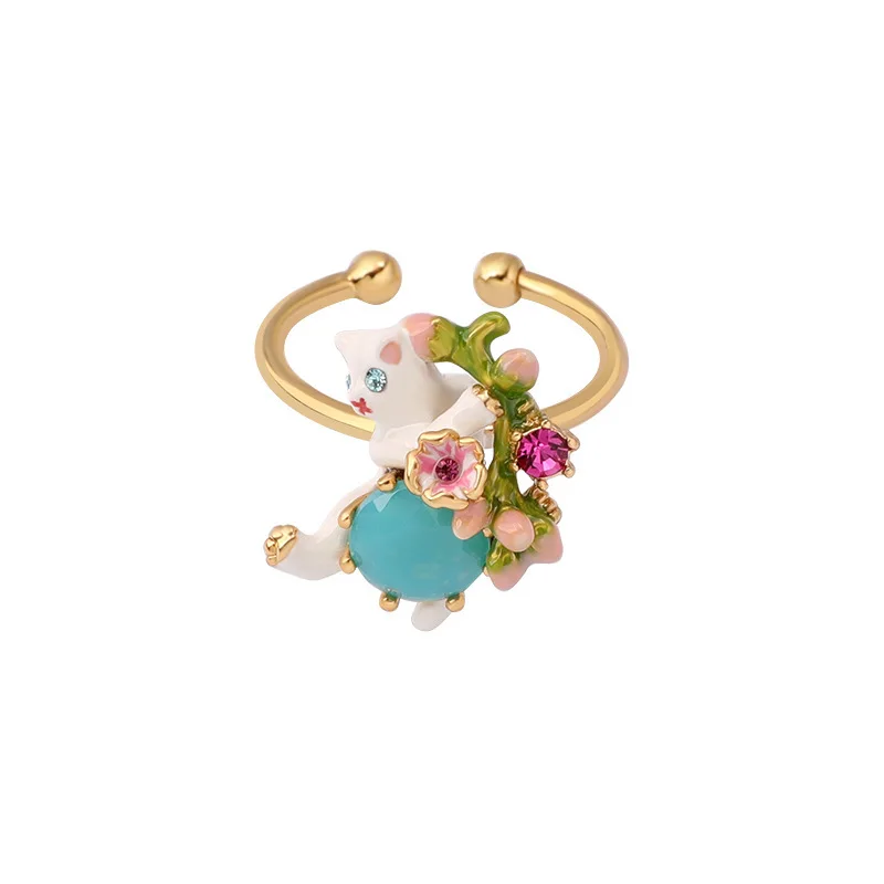 

European and American Fashion Trend Simple Wild Cute Hand-painted Enamel Animal Kitten Ring Personality Open Ring Female